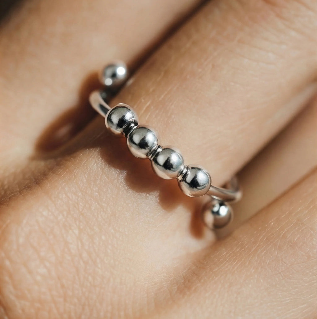 Macro detail of the silver Centro spinner ring beads designed for smooth rotation and focus.