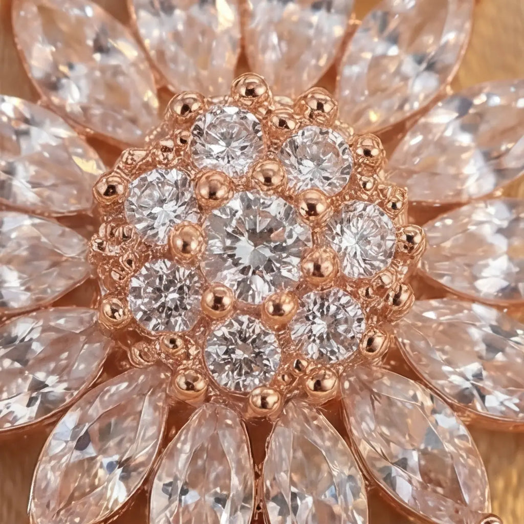 Macro close up of Lunela Collana rose gold flower pendant showing crystal cluster center and marquise petals