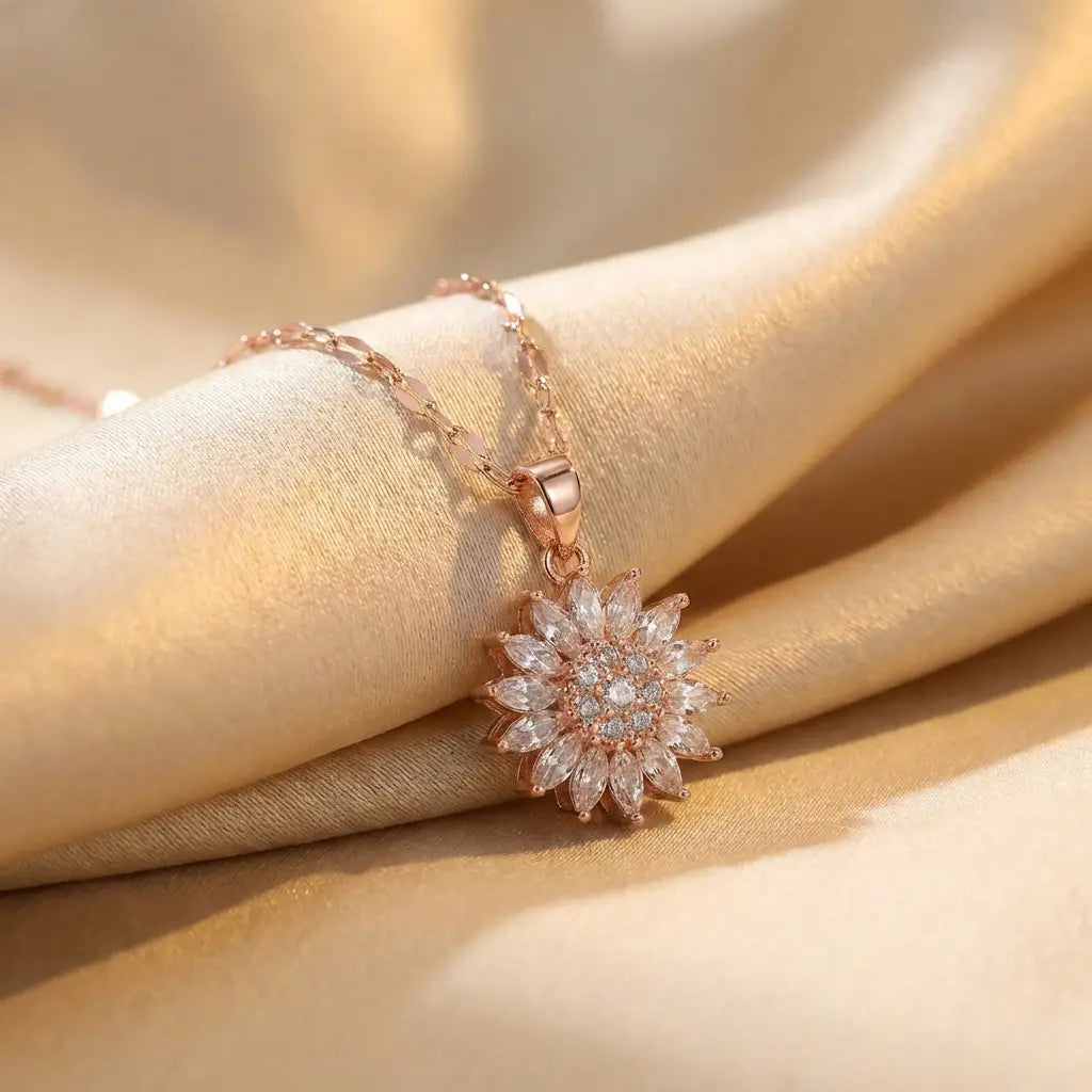 Lunela Collana rose gold flower pendant necklace with marquise cut crystal petals