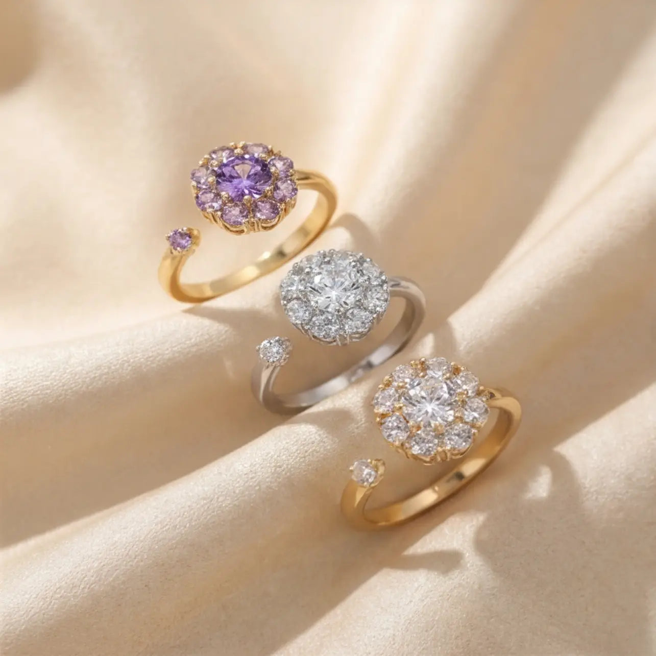 Flower cluster open calm ring collection in gold, silver and purple variations