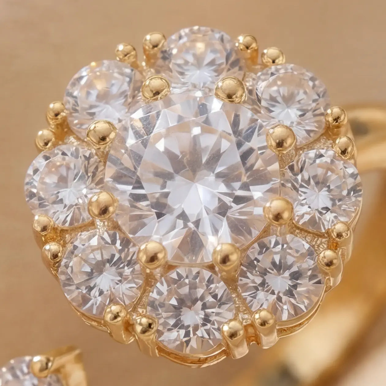 Silver flower cluster open calm ring with clear stones on silk background