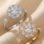 Gold and silver flower cluster open calm rings with clear stones close-up