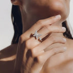 Raggio silver butterfly calm ring adjustable open band with pavé crystals worn on model hand